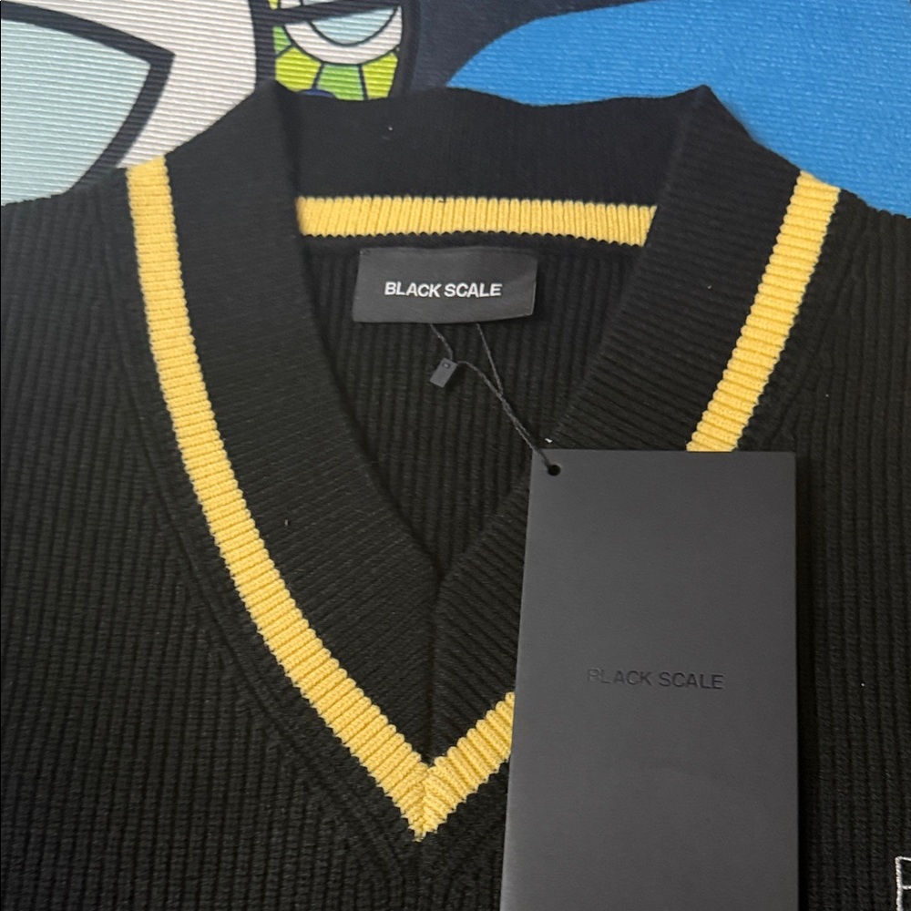 Black Scale Black V-Neck Sweater with Yellow Trim - Picture 4 of 16